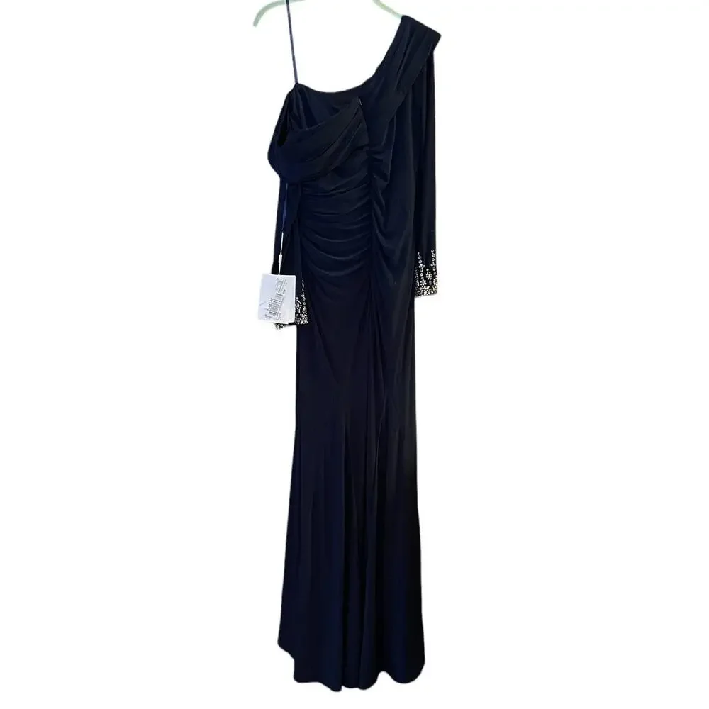 Mac Duggal NEW Size 12 Blue Beaded Cuff Drop Shoulder Faux Wrap Gown 12231 - Picture 5 of 10